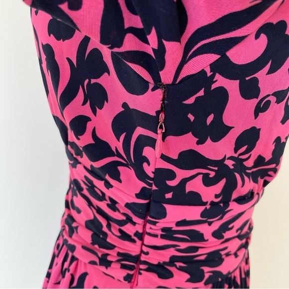 Milly of New York Pink Silk Navy Blue Filagree Floral Print V-Neck Dress Size XS - Picture 9 of 10